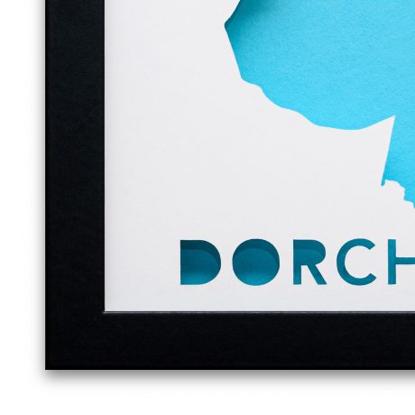 a blue and white poster with the word dorch on it
