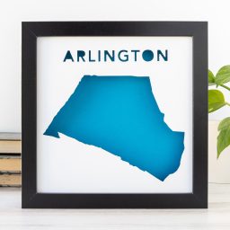 A black frame with a blue map of the Town of Arlington, MA