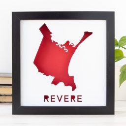 a red silhouette of the city of Revere, MA