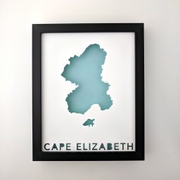 a black frame with a blue map of cape elizabeth
