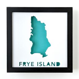 Framed map of Frye Island, Maine with a teal background
