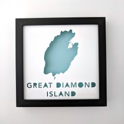 Framed 8x8 map of Great Diamond Island, Maine with a light blue background