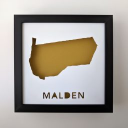 a black frame with a cut out map of the state of malden