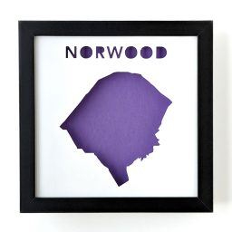 Framed map of Norwood, MA with a purple background