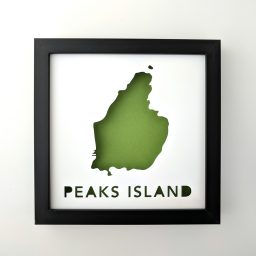 Framed map of Peaks Island with a green background