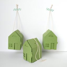 two green houses are hanging from strings