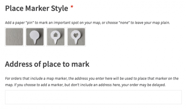 Screenshot of website interface to choose Place Marker Style and address.