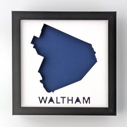 a framed blue map of the state of washington