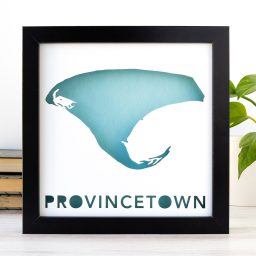 A black frame with a blue silhouette of Provincetown, MA with the town name included below the shape.