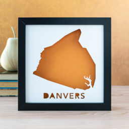 a picture frame with a cut-out map of the town of Danvers, Massachusetts